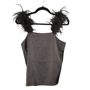 NWT Flaw Versona Women's M Satin Feather‎ Strap Sleeveless Top Tank Top Black